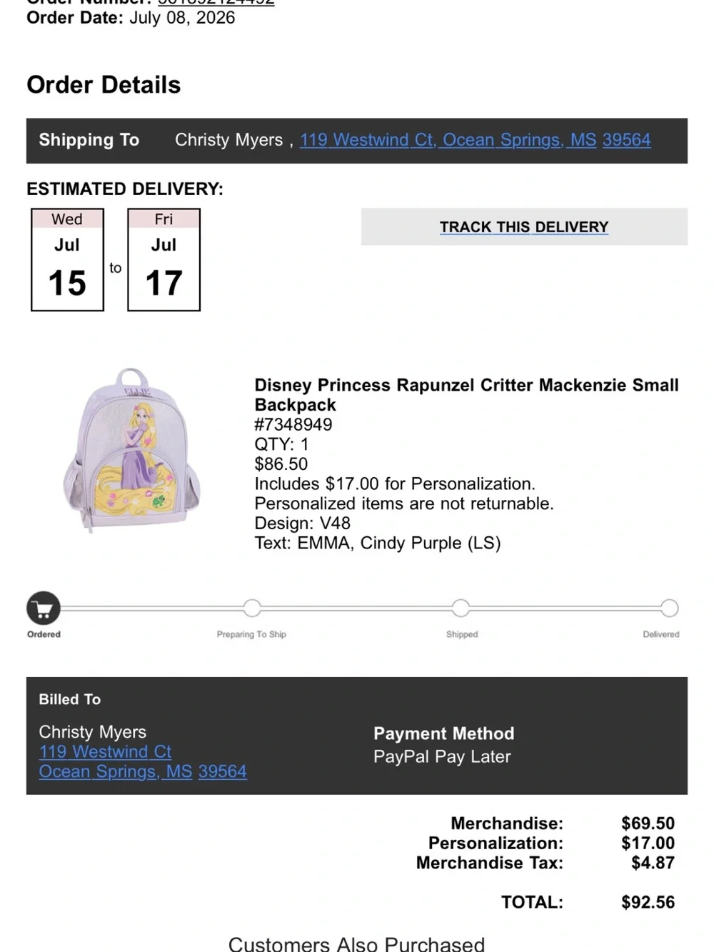Pottery Barn Kids Lavender Princess Rapunzel Glitter Backpack